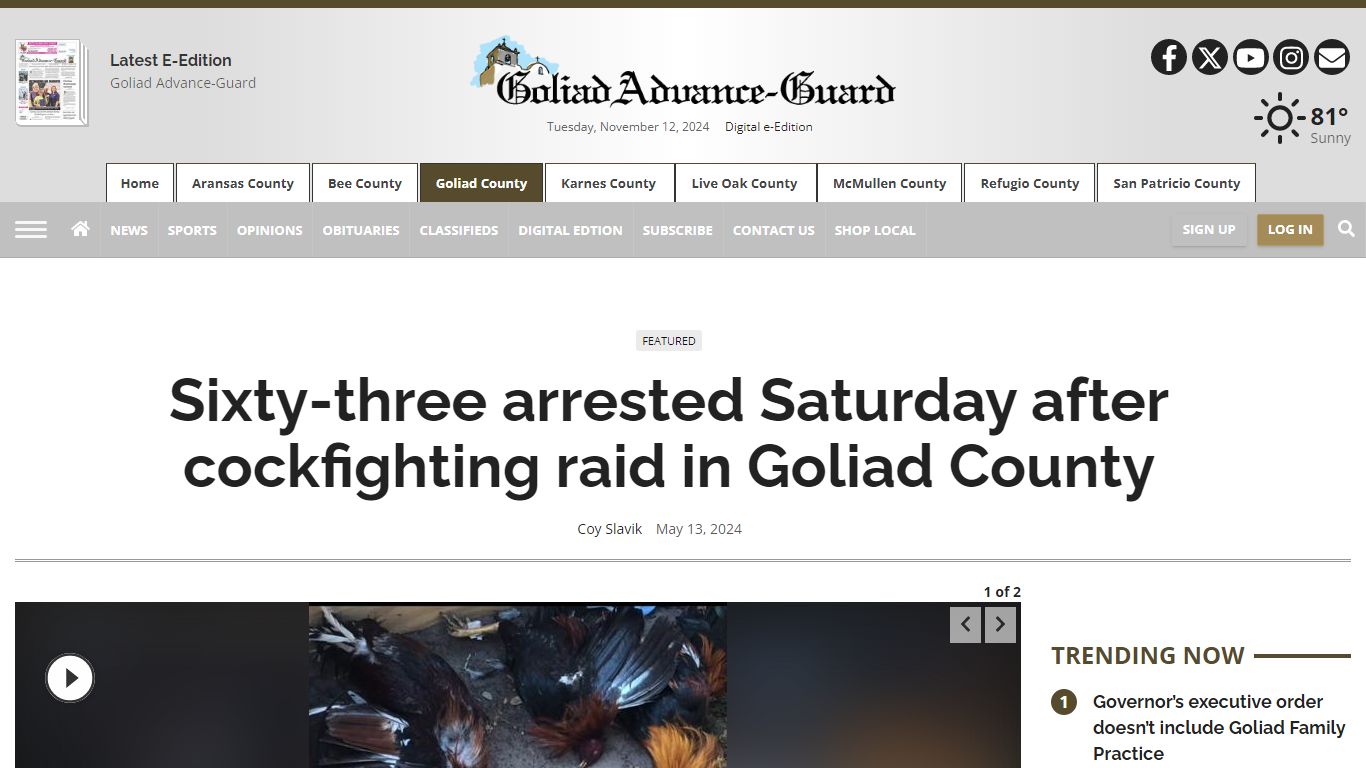 Sixty-three arrested Saturday after cockfighting raid in Goliad County